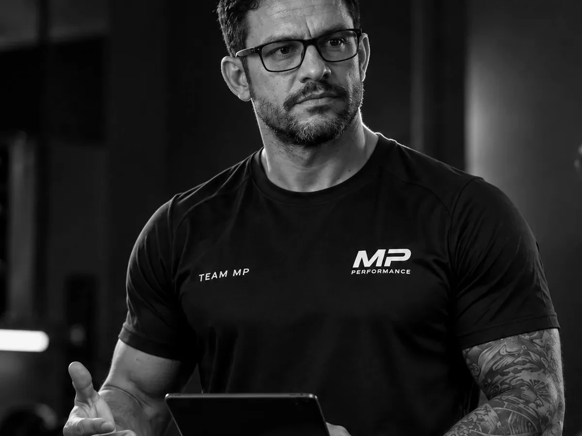 Gabrio Lima com camiseta MP Performance segurando um tablet e orientando um atleta na academia